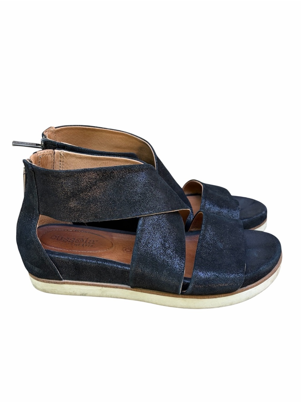 Bussola Potsdam Pauline Suede Leather Metallic Black Cross Strap Sandal EU 37